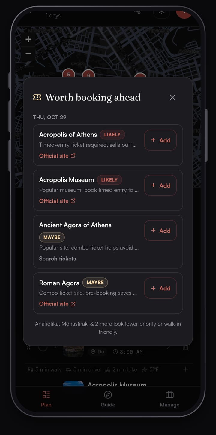 Passage AI Need tickets? sheet listing the Acropolis, the Acropolis Museum and both agoras as worth booking ahead
