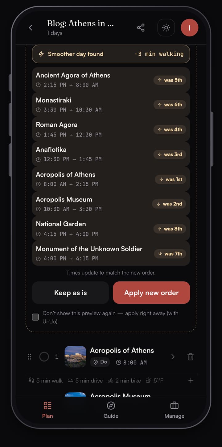 Passage AI Optimize preview for the Athens day showing a suggested stop order with 3 minutes less walking
