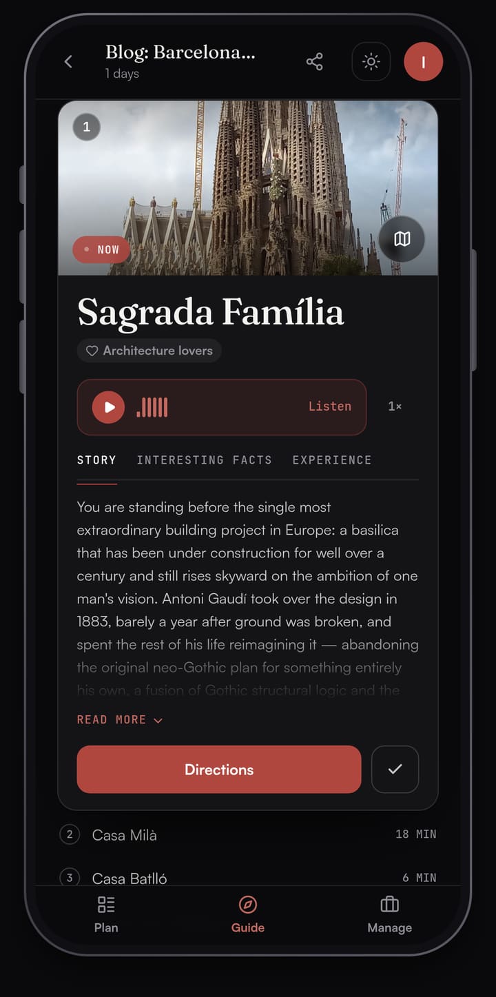 Passage AI Guide card for the Sagrada Família with a photo of the basilica, a Listen button and the Story tab open on the history of Gaudí's design