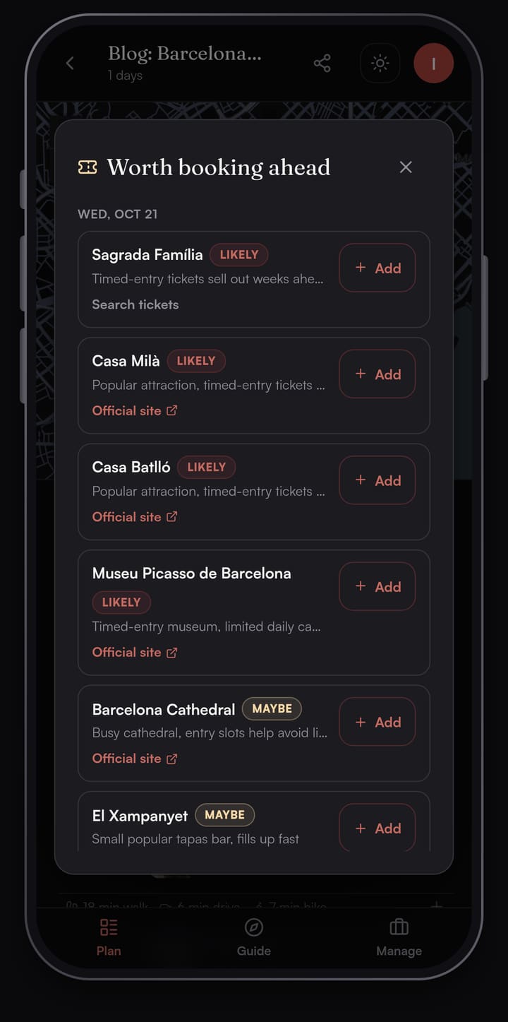 Passage AI Need tickets? sheet titled Worth booking ahead, flagging the Sagrada Família, Casa Milà, Casa Batlló and Museu Picasso as Likely and Barcelona Cathedral and El Xampanyet as Maybe, with official site links