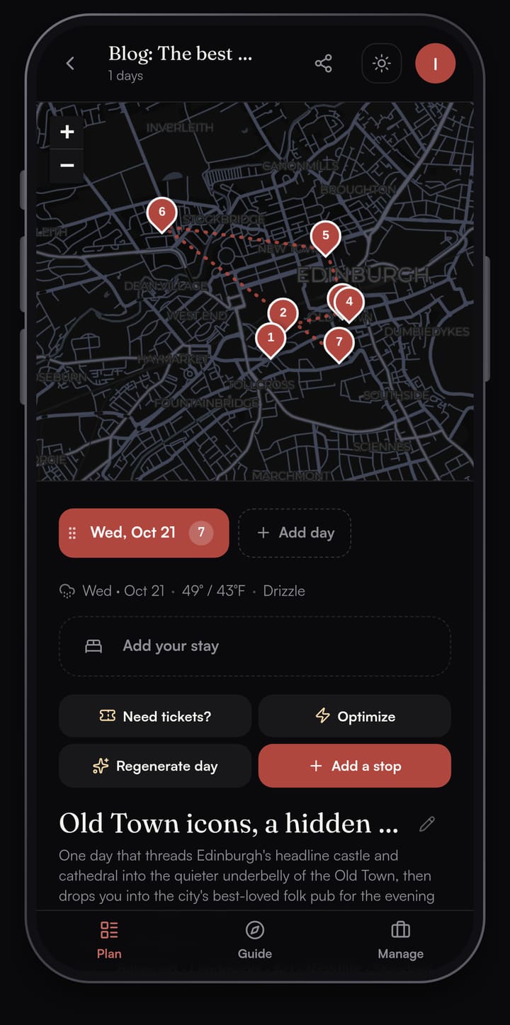 Passage AI day view for Edinburgh on Wednesday, October 21, with seven numbered stops on a dark map of the Old Town and New Town