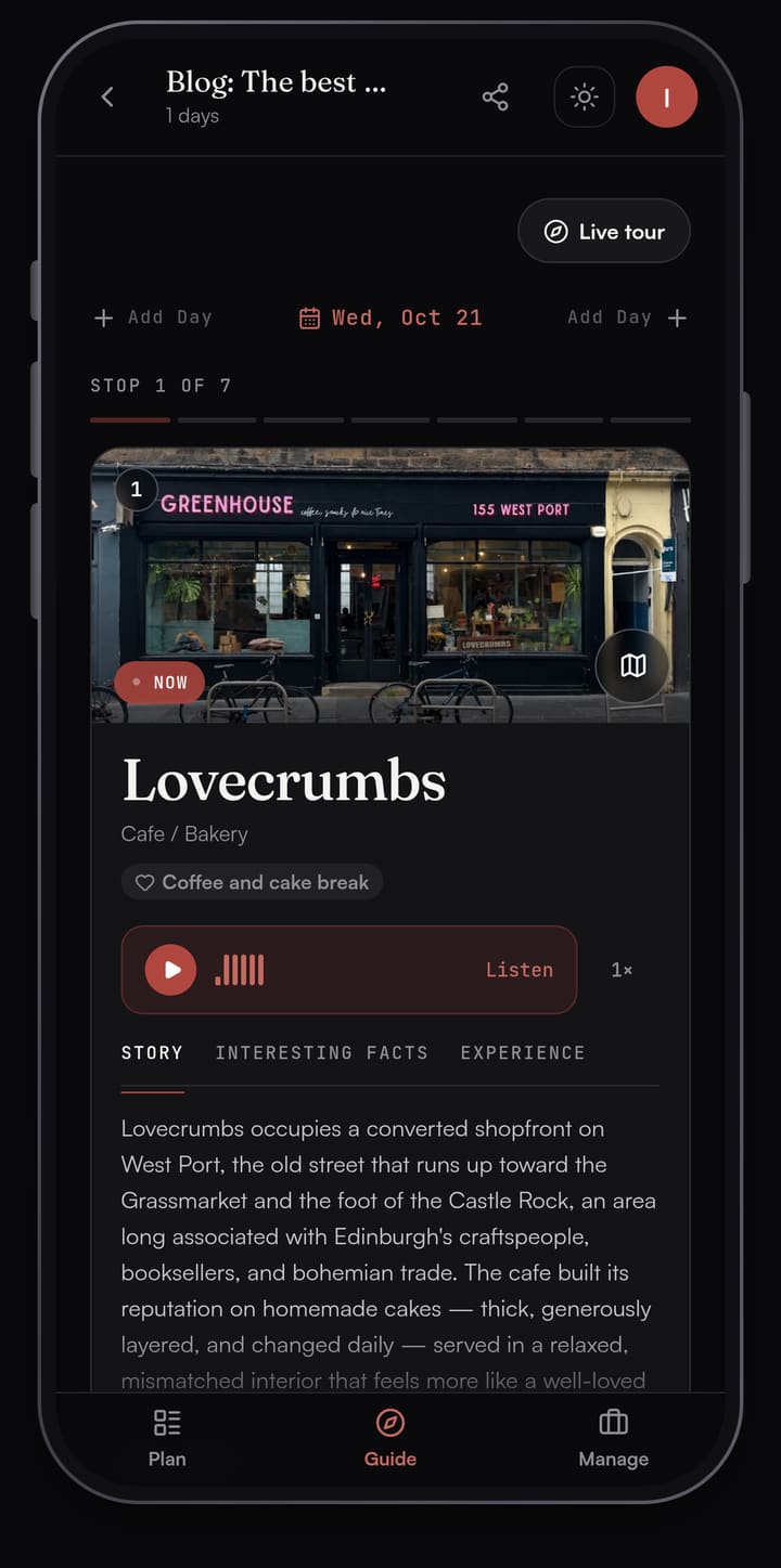 Passage AI Guide card for Lovecrumbs on West Port, with a photo of the shopfront, a Listen button and the start of its story