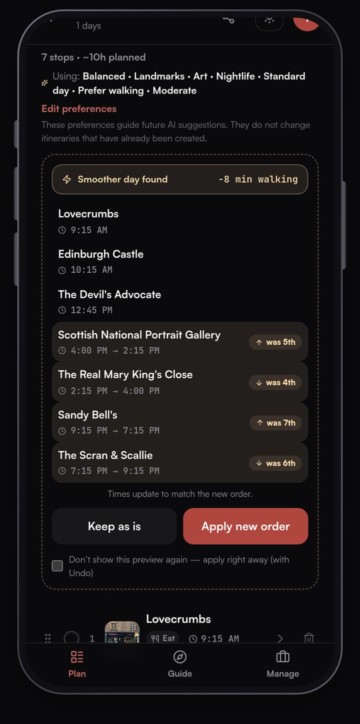 Passage AI Optimize preview for the Edinburgh day showing a smoother order with 8 minutes less walking, was 5th and was 4th badges, and Keep as is and Apply new order buttons