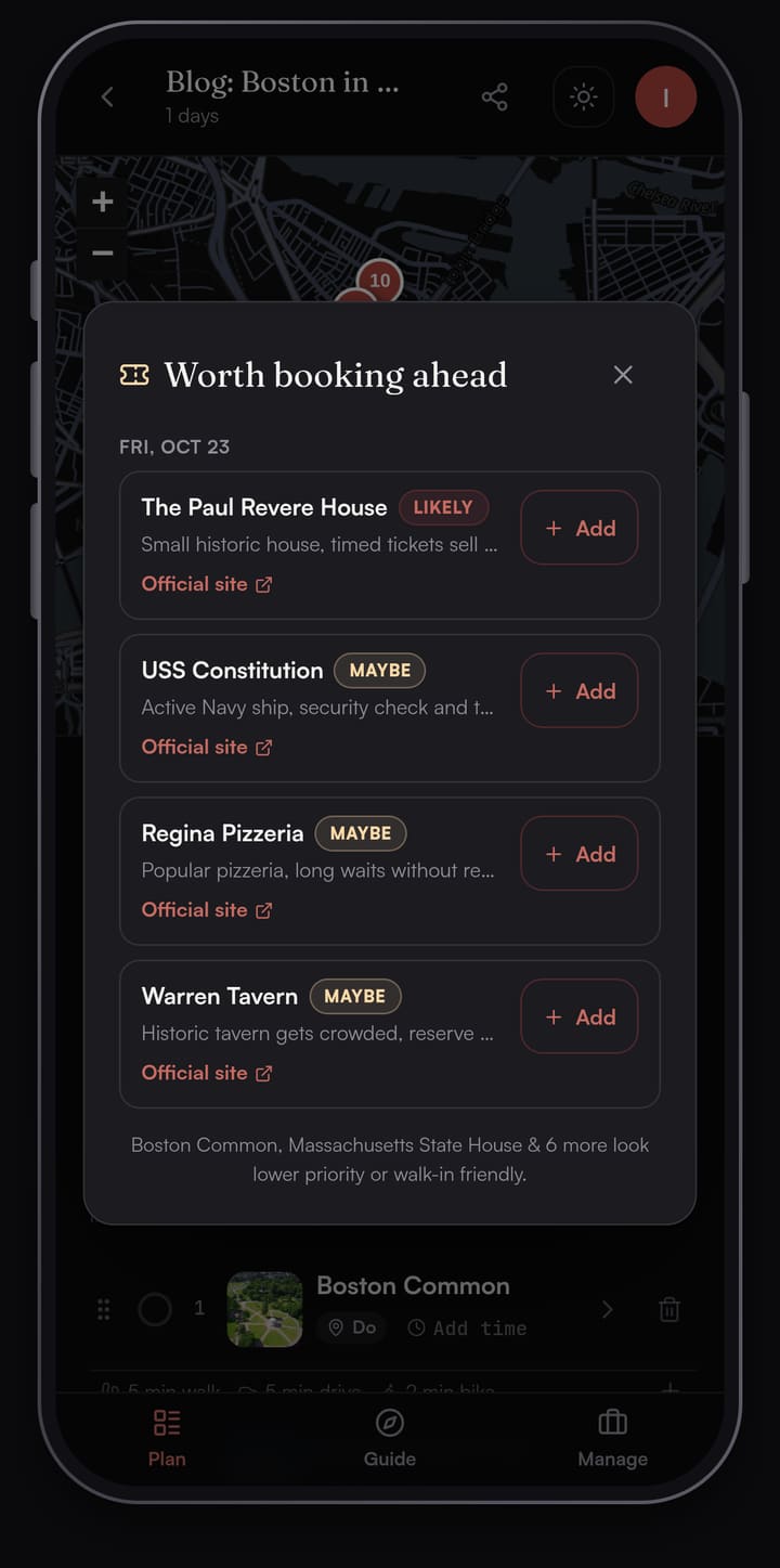 Passage AI Need tickets? sheet listing the Paul Revere House, USS Constitution, Regina Pizzeria and Warren Tavern as worth booking ahead