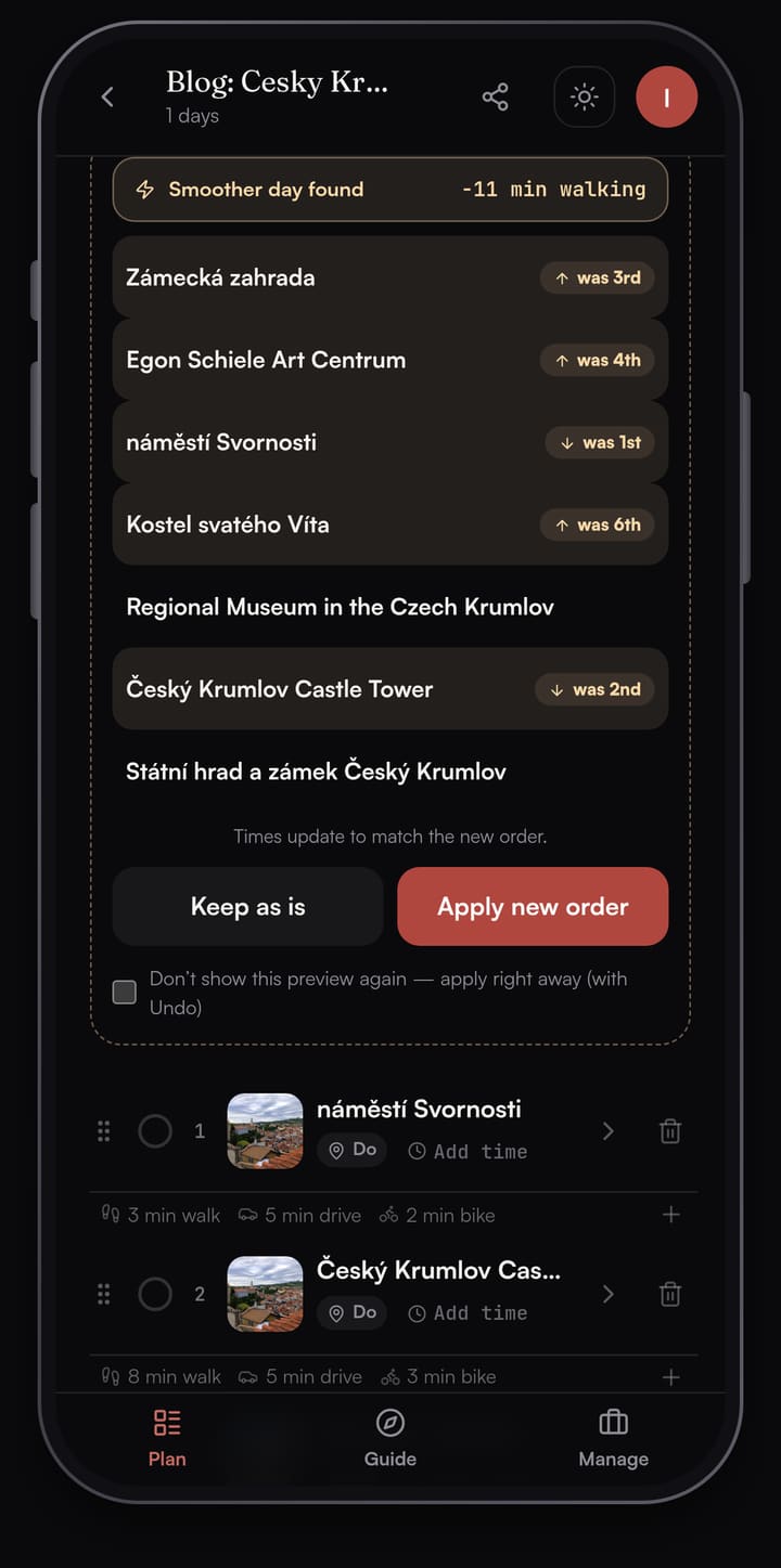 Passage AI Optimize preview reading Smoother day found, minus 11 min walking, listing the new stop order with each stop's old position and Keep as is and Apply new order buttons
