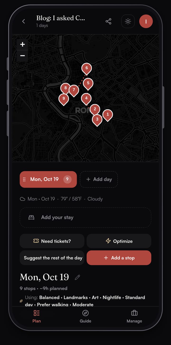 Passage AI day map of Rome for Monday, October 19, with nine numbered pins from the Colosseum in the southeast to Campo de' Fiori in the west and the Spanish Steps to the north