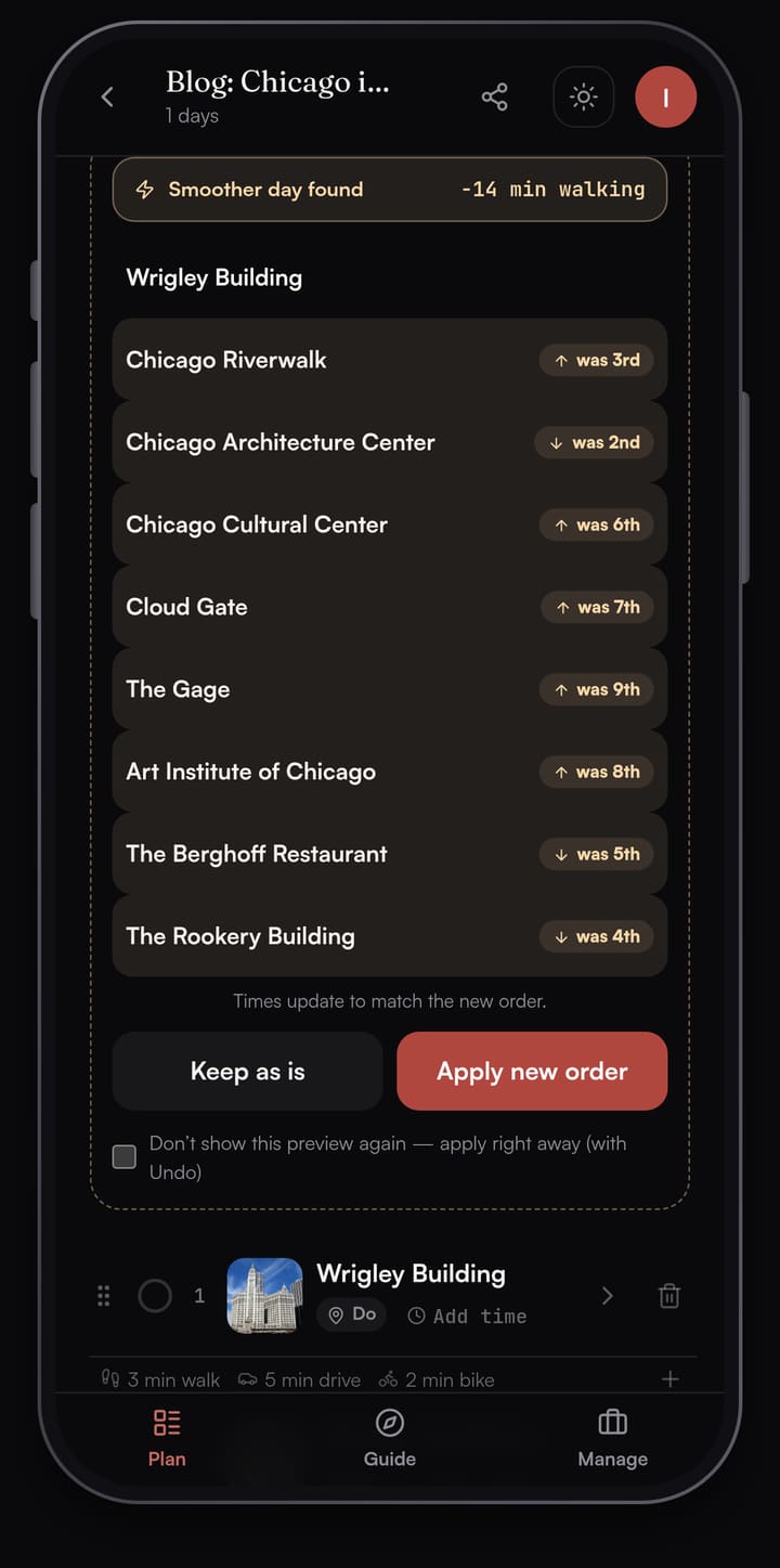 Passage AI Optimize preview reading Smoother day found, minus 14 min walking, listing nine Chicago stops with was 3rd, was 2nd, was 6th, was 7th, was 9th, was 8th, was 5th and was 4th badges and buttons for Keep as is and Apply new order