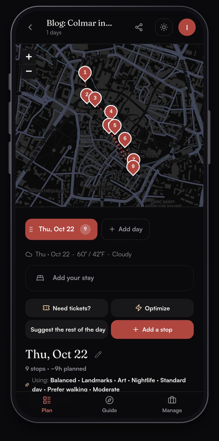 Passage AI trip map of Colmar's old town with nine numbered stops from the Musée Unterlinden in the north to Little Venice in the south
