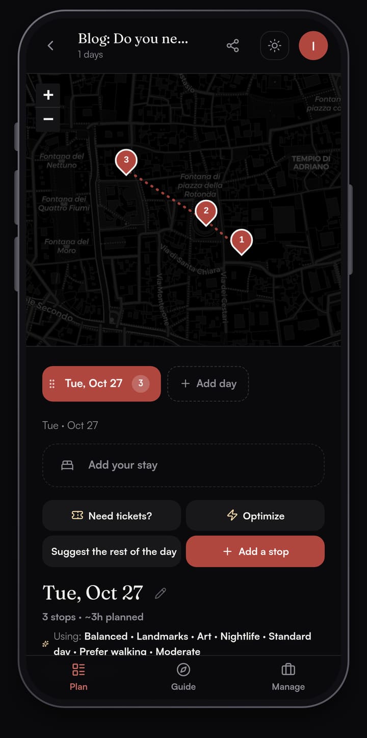 Passage AI map of a Tuesday in central Rome with three numbered pins a few streets apart: Santa Maria sopra Minerva, the Pantheon by the Fontana di piazza della Rotonda, and San Luigi dei Francesi, above the Need tickets?, Optimize and Add a stop buttons