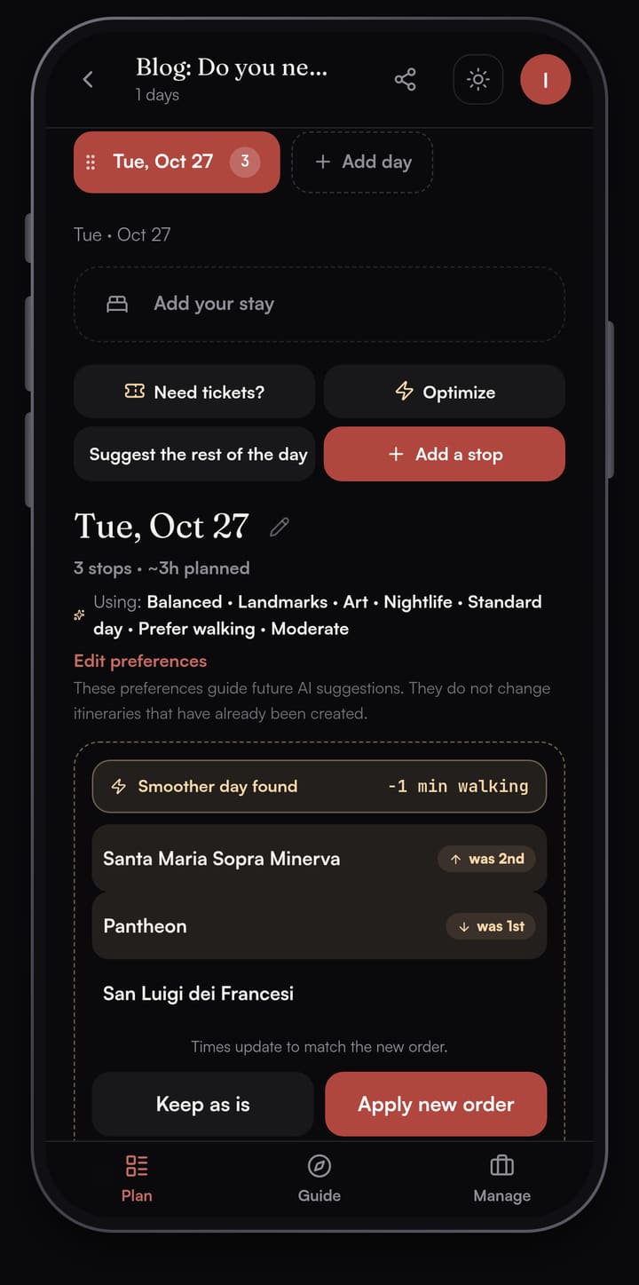 Passage AI Optimize preview reading Smoother day found, minus 1 min walking: Santa Maria Sopra Minerva marked was 2nd, Pantheon marked was 1st, San Luigi dei Francesi third, with Keep as is and Apply new order buttons