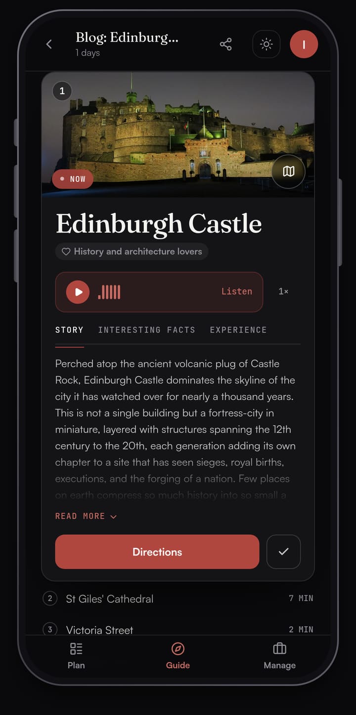 Passage AI Guide card for Edinburgh Castle with a photo, opening hours, a Listen button and the Story tab