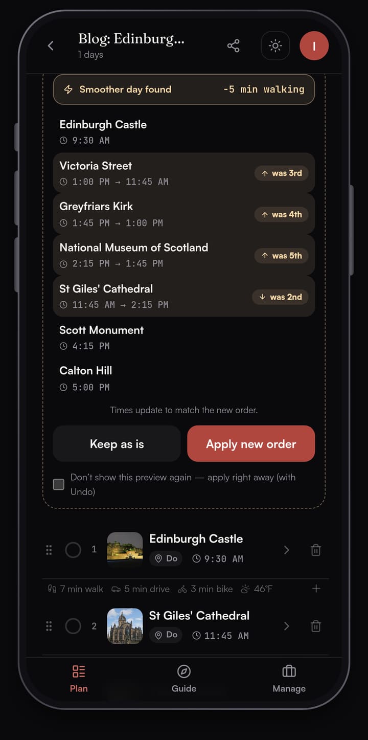 Passage AI Optimize preview for the Edinburgh day showing the suggested stop order