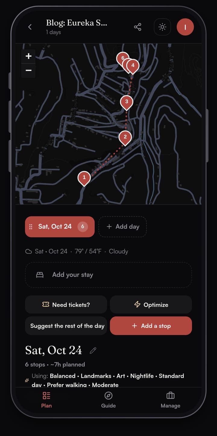 Passage AI day map of Eureka Springs, Arkansas with six numbered stops running north from the Historical Museum on Main Street up to the Crescent Hotel, with the Need tickets? and Optimize buttons below