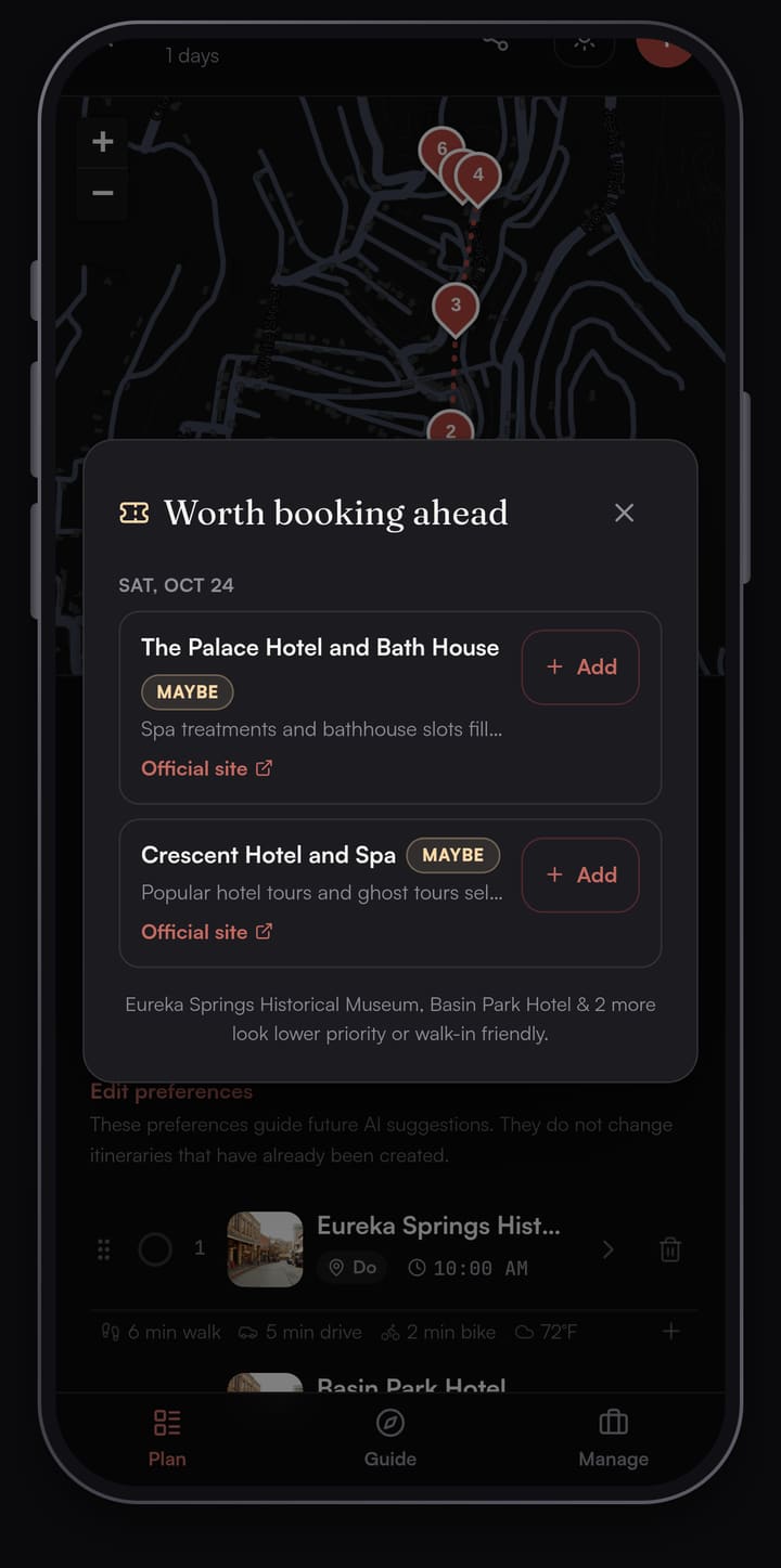 Passage AI Worth booking ahead sheet for Saturday, October 24, marking which Eureka Springs stops are worth booking