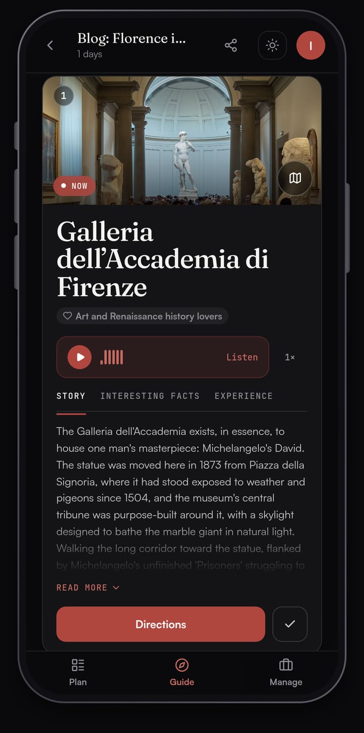 Passage AI Guide card for the Galleria dell'Accademia di Firenze, stop 1 of 8, with a photo of Michelangelo's David, a Listen button and a Directions button