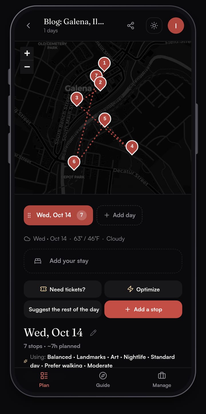 Passage AI day map of Galena, Illinois with seven numbered stops joined by dotted walking lines, from downtown across the Galena River to the U.S. Grant Home
