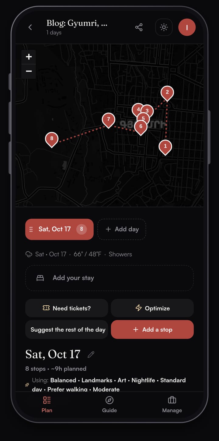 Passage AI day map of Gyumri, Armenia with eight numbered stops, clustered in the old town with a line out to the Black Fortress in the west, and the Need tickets? and Optimize buttons below