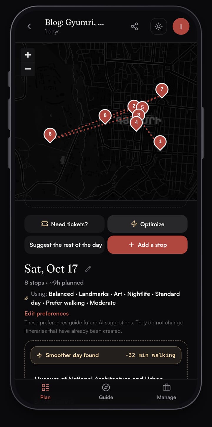 Passage AI Optimize preview banner reading Smoother day found, minus 32 minutes walking, under the Gyumri day map