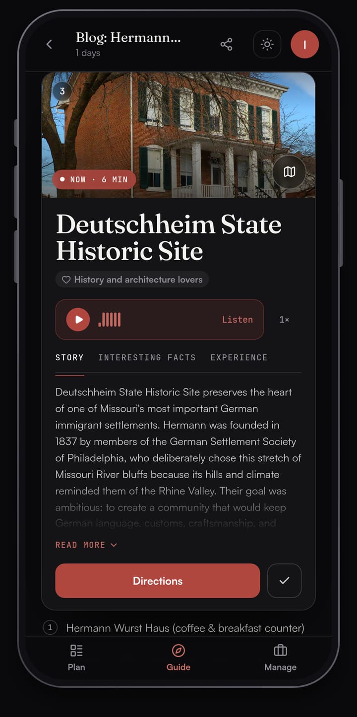 Passage AI Guide card for Deutschheim State Historic Site with a photo of a brick house, a Listen button and the Story tab