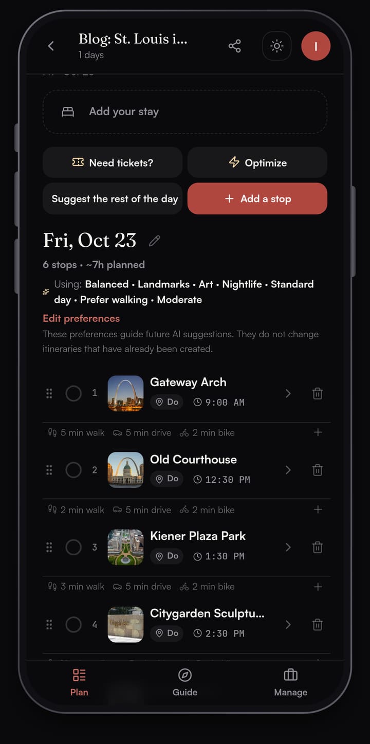 Passage AI plan for Friday, October 23 in St. Louis: 6 stops, about 7 hours planned, a Using: Balanced preferences line with Edit preferences, then Gateway Arch at 9:00 AM, Old Courthouse at 12:30 PM, Kiener Plaza Park at 1:30 PM and Citygarden at 2:30 PM with walking minutes between them