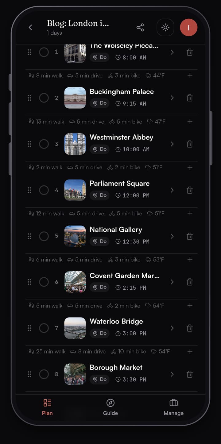 Passage AI day list for London: The Wolseley at 8:00 AM, Buckingham Palace, Westminster Abbey at 10:00 AM, Parliament Square, National Gallery, Covent Garden Market, Waterloo Bridge and Borough Market, with walk minutes between stops