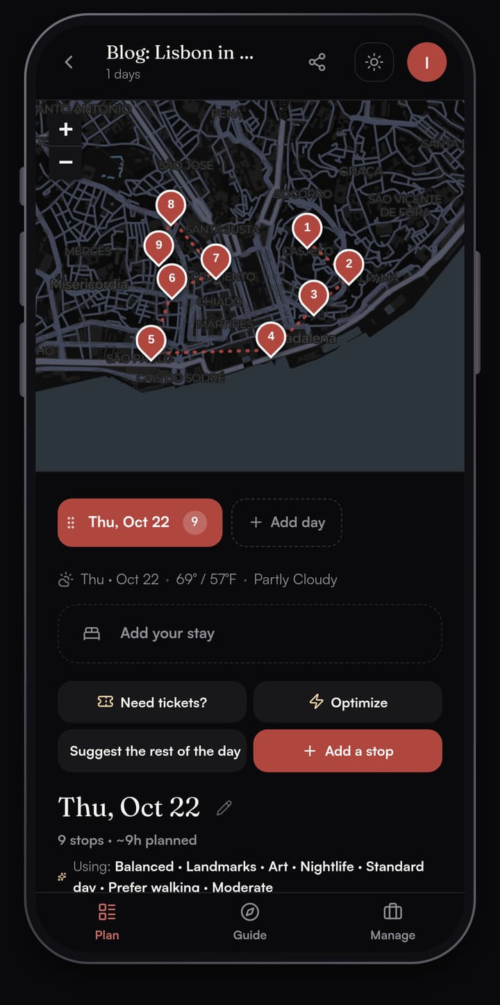 Passage AI map of a one-day Lisbon plan with nine numbered pins from Castelo de São Jorge down through Alfama to the river and back up to Chiado and Bairro Alto, with the day's weather and Need tickets?, Optimize and Add a stop buttons below