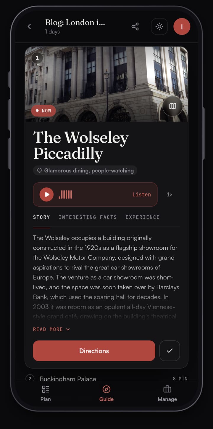 Passage AI Guide card for The Wolseley Piccadilly, stop 1 of 10, with a photo of the stone building, a Listen button and a Directions button