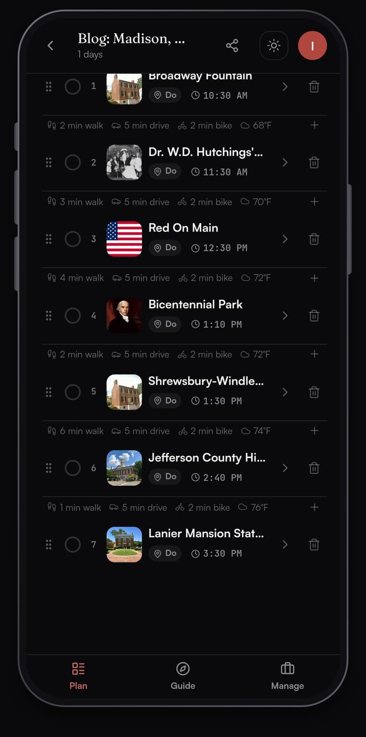 Passage AI plan list for Madison, Indiana showing Broadway Fountain, Dr. W.D. Hutchings' Office, Red On Main, Bicentennial Park, Shrewsbury-Windle House, the Jefferson County Historical Society and Lanier Mansion with times and walk minutes