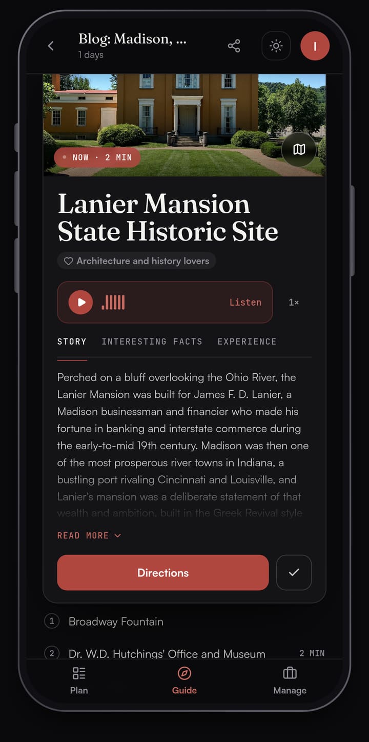 Passage AI Guide card for Lanier Mansion State Historic Site with a photo of the mansion, a Listen button and the day's other stops listed below