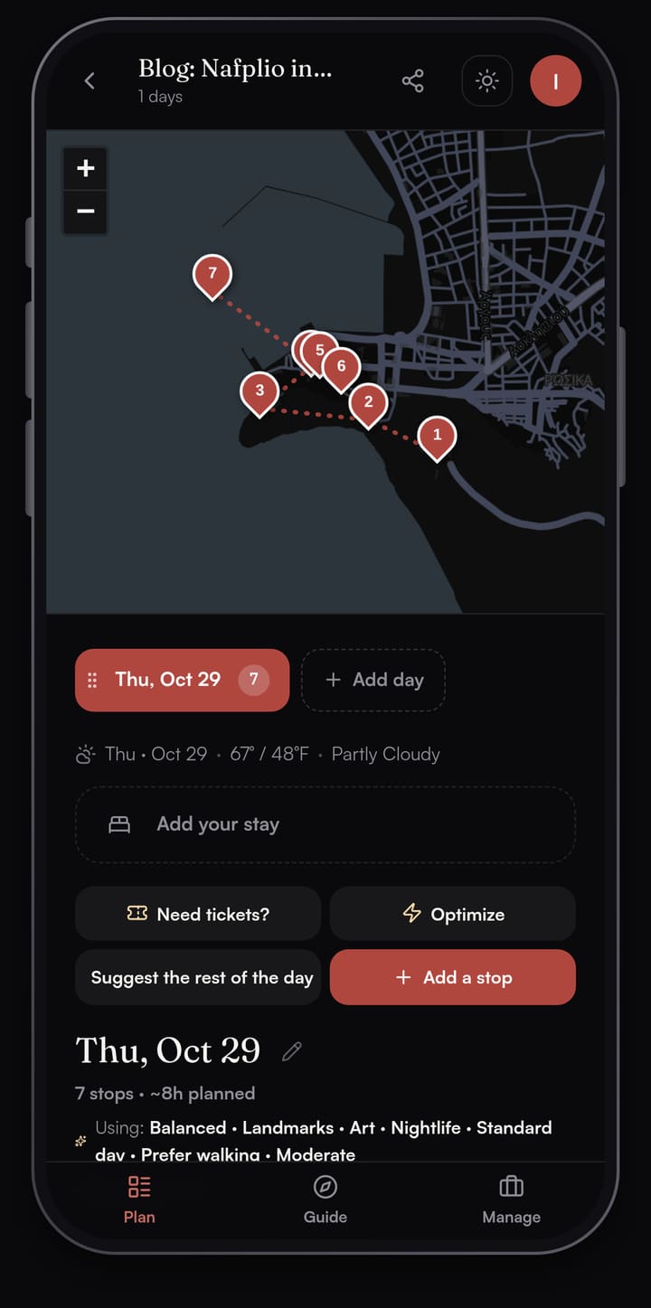 Passage AI trip map of Nafplio with seven numbered stops from Palamidi fortress on its hill to Bourtzi in the harbour