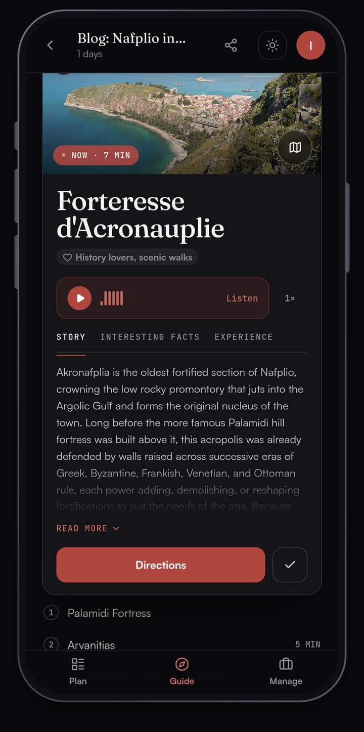 Passage AI Guide card for the Akronafplia fortress in Nafplio with a photo, the story of the castle, a Listen button and Directions