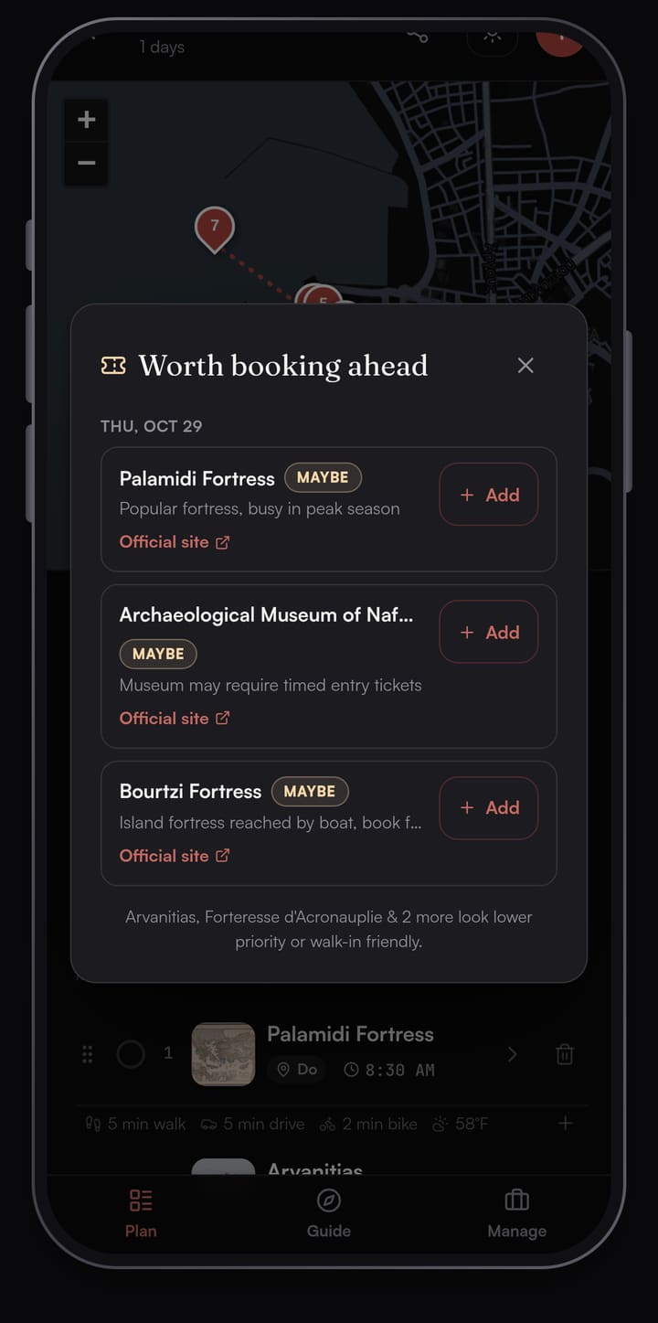 Passage AI Need tickets? sheet for the Nafplio day listing which stops are worth booking ahead