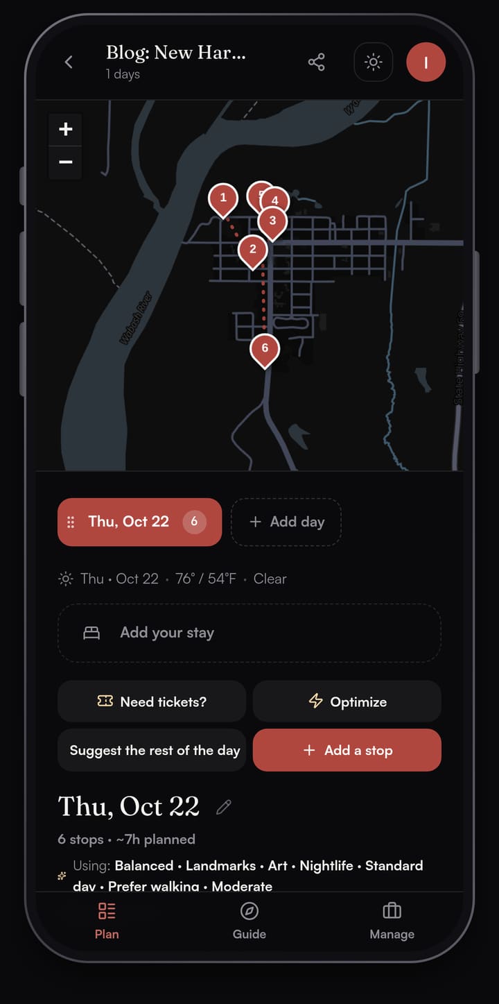 Passage AI day map of New Harmony, Indiana with six numbered stops from the Atheneum to the Harmonist Labyrinth, with the Need tickets? and Optimize buttons below