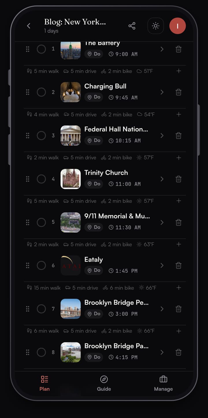 Passage AI Plan list for the New York City day, showing each stop's time and the walking minutes between stops