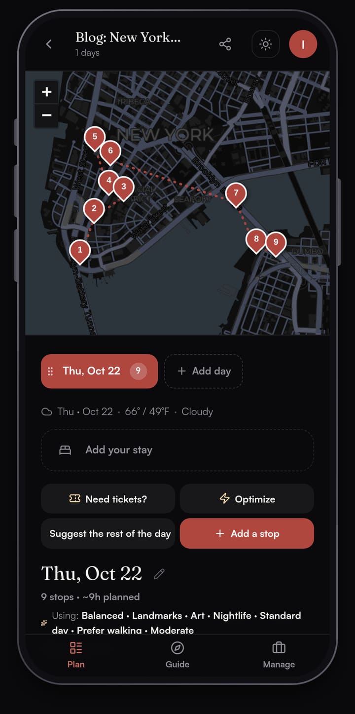 Passage AI Plan map for a one-day New York City walk, with nine numbered stops from The Battery through Lower Manhattan, across the Brooklyn Bridge to DUMBO