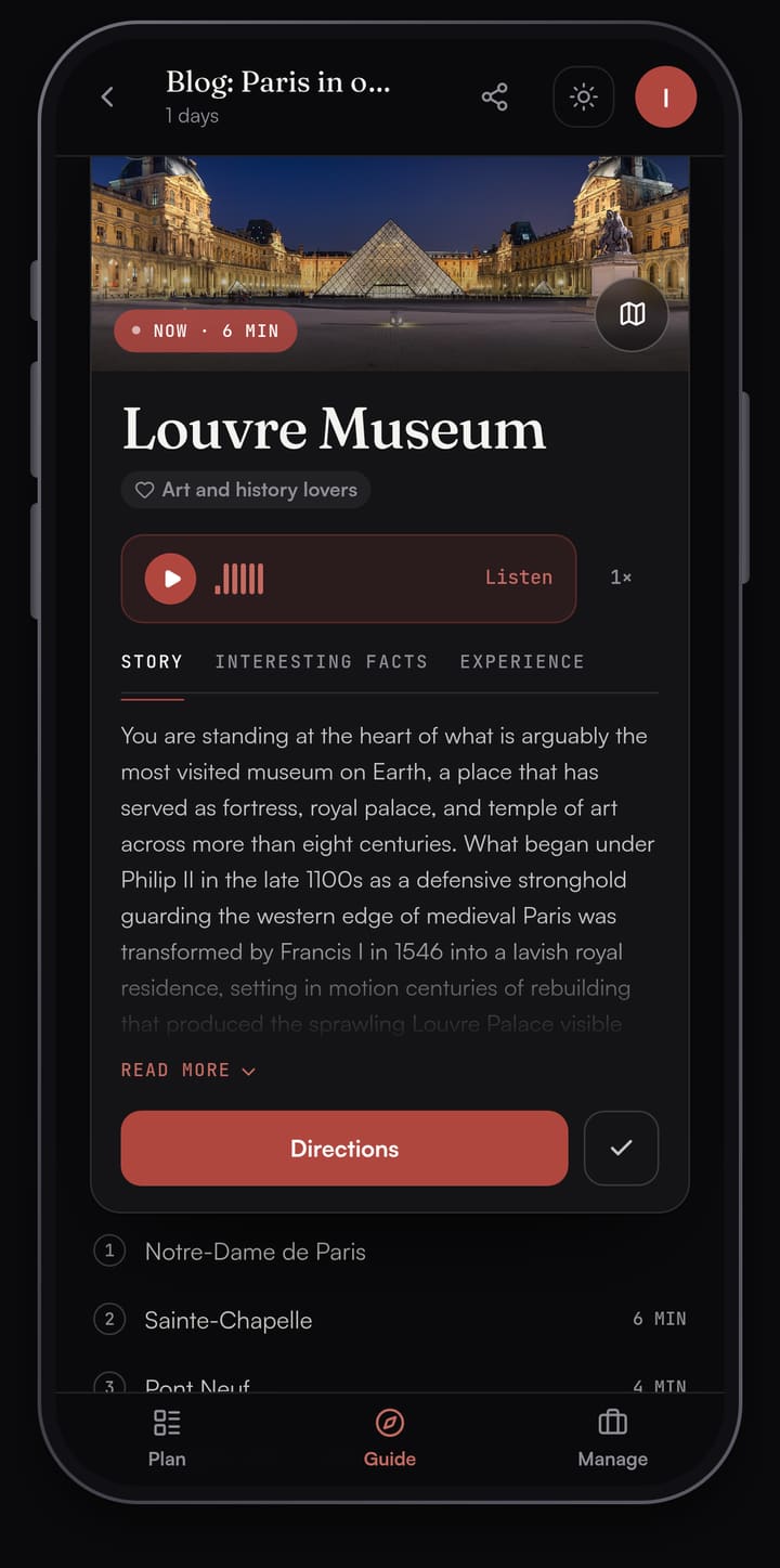 Passage AI Guide card for the Louvre Museum with a photo of the glass pyramid at dusk, a Listen button, the Story tab and a Directions button