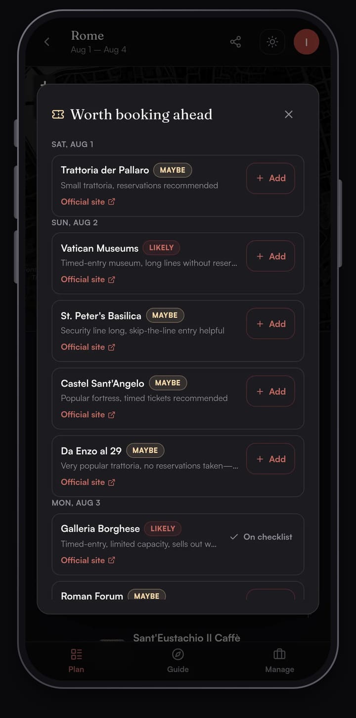 Worth booking ahead sheet in Passage AI listing Rome stops such as Vatican Museums and Galleria Borghese, each tagged Likely or Maybe with an Add button