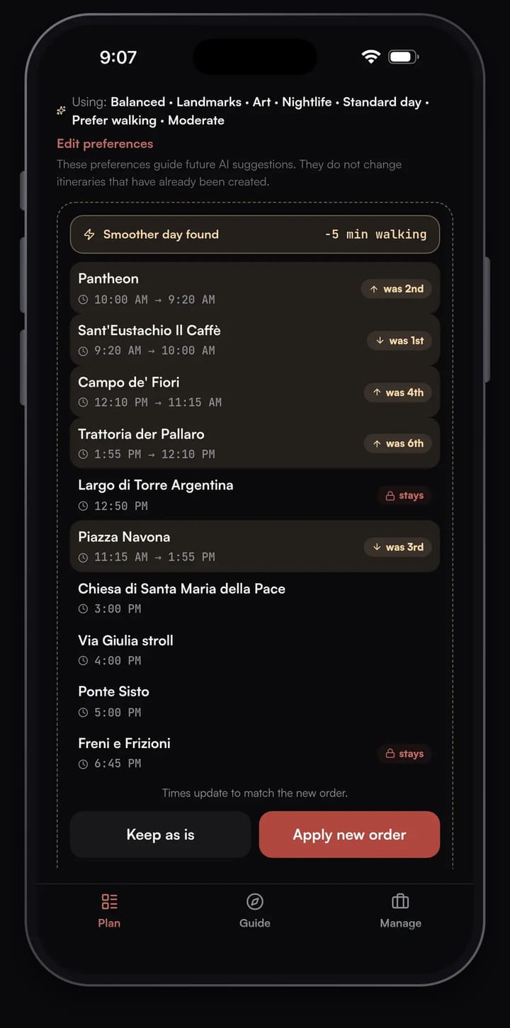 Passage AI Optimize preview for a Rome day: a Smoother day found banner with minus 5 min walking, five stops marked with their old position and new time, and booked stops marked stays, above Keep as is and Apply new order buttons