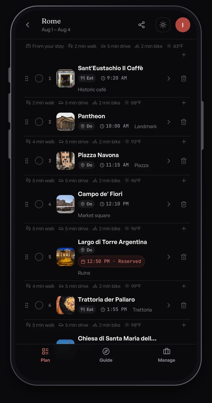 Passage AI Plan list for a Rome day showing timed stops such as Pantheon and Piazza Navona with walking, driving and biking times between them