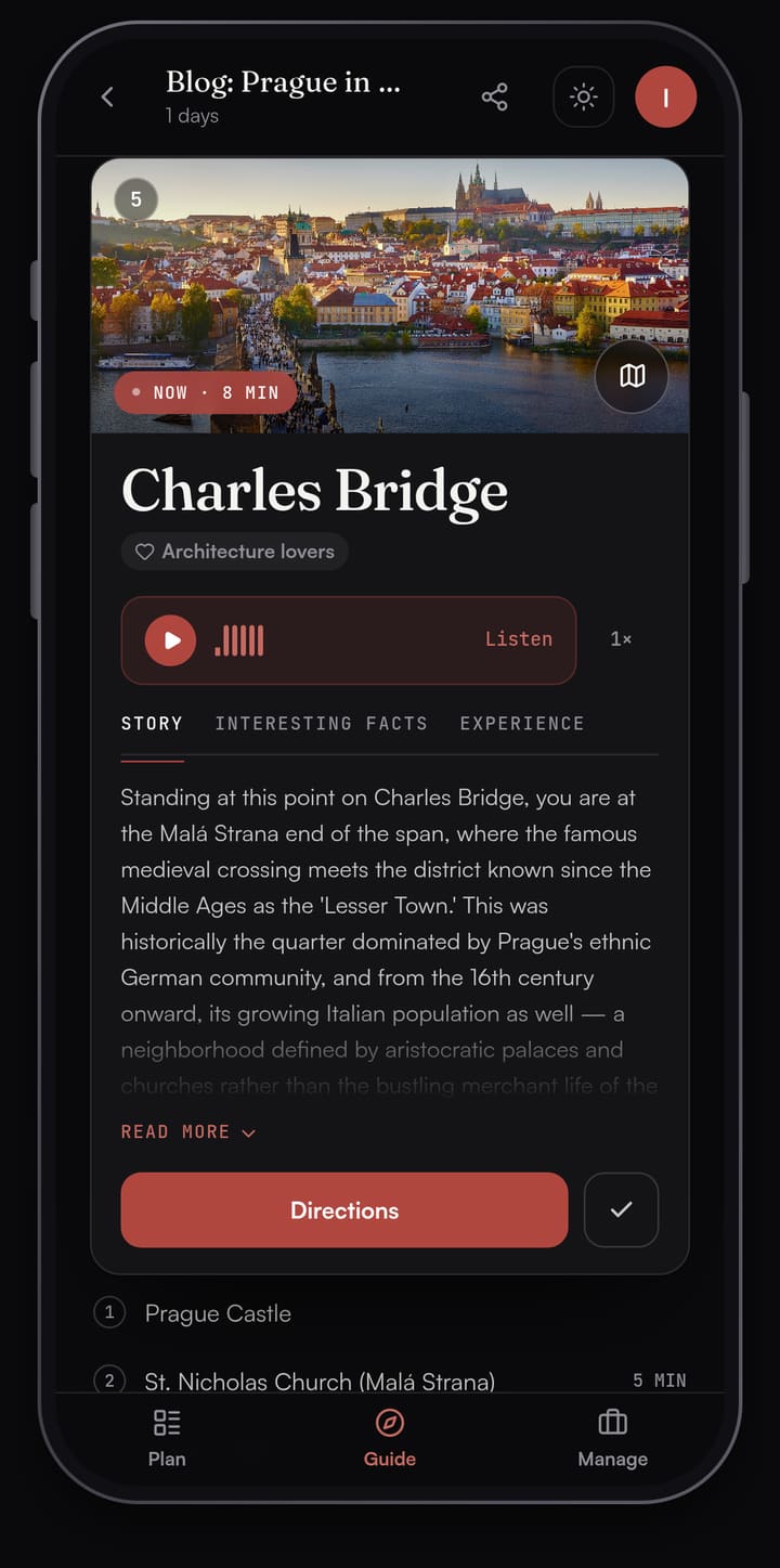 Passage AI Guide card for Charles Bridge with a photo of the bridge and Malá Strana, a Listen button, Story, Interesting facts and Experience tabs, a Directions button and the day's other stops below