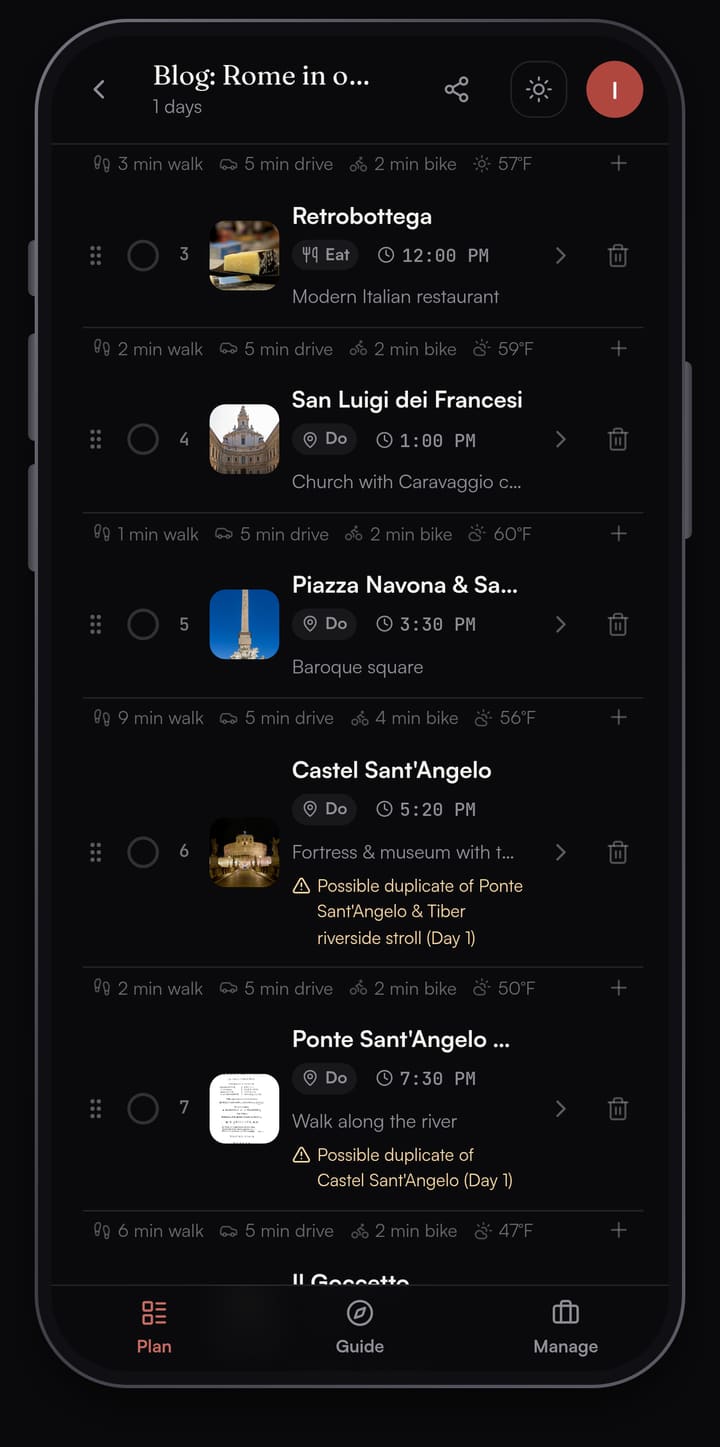 Passage AI Plan list for a one-day Rome walking itinerary, with timed stops and the walking time between them