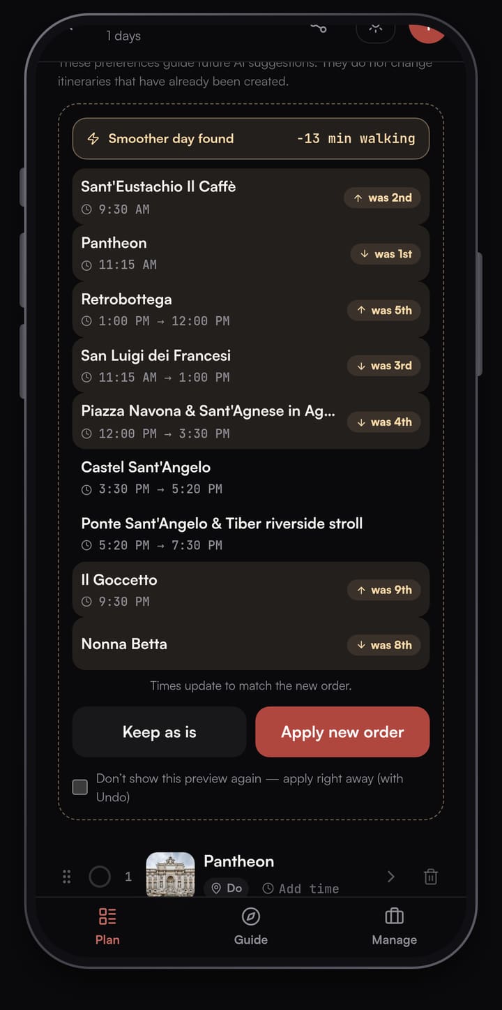 Passage AI Optimize preview for a Rome day: a Smoother day found banner with minus 13 min walking and each stop marked with its old position