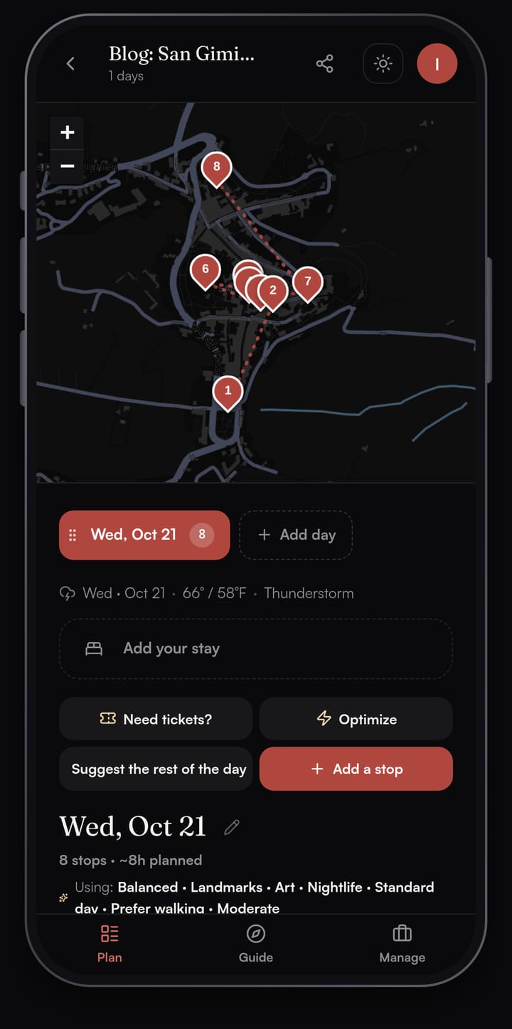 Passage AI map of a one-day San Gimignano walking plan with eight numbered stops from Porta San Giovanni in the south to Sant'Agostino in the north, above the Need tickets? and Optimize buttons