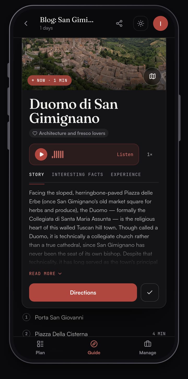 Passage AI Guide card for the Duomo di San Gimignano with an aerial photo of the town, a Listen button and the Story tab about the Collegiata on Piazza delle Erbe