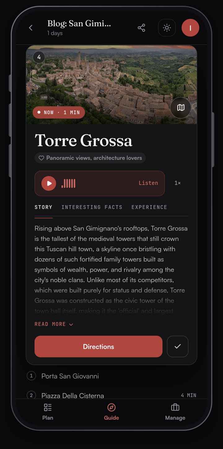 Passage AI Guide card for Torre Grossa with a photo of San Gimignano's towers, a Listen button and the Story tab describing the town's tallest tower