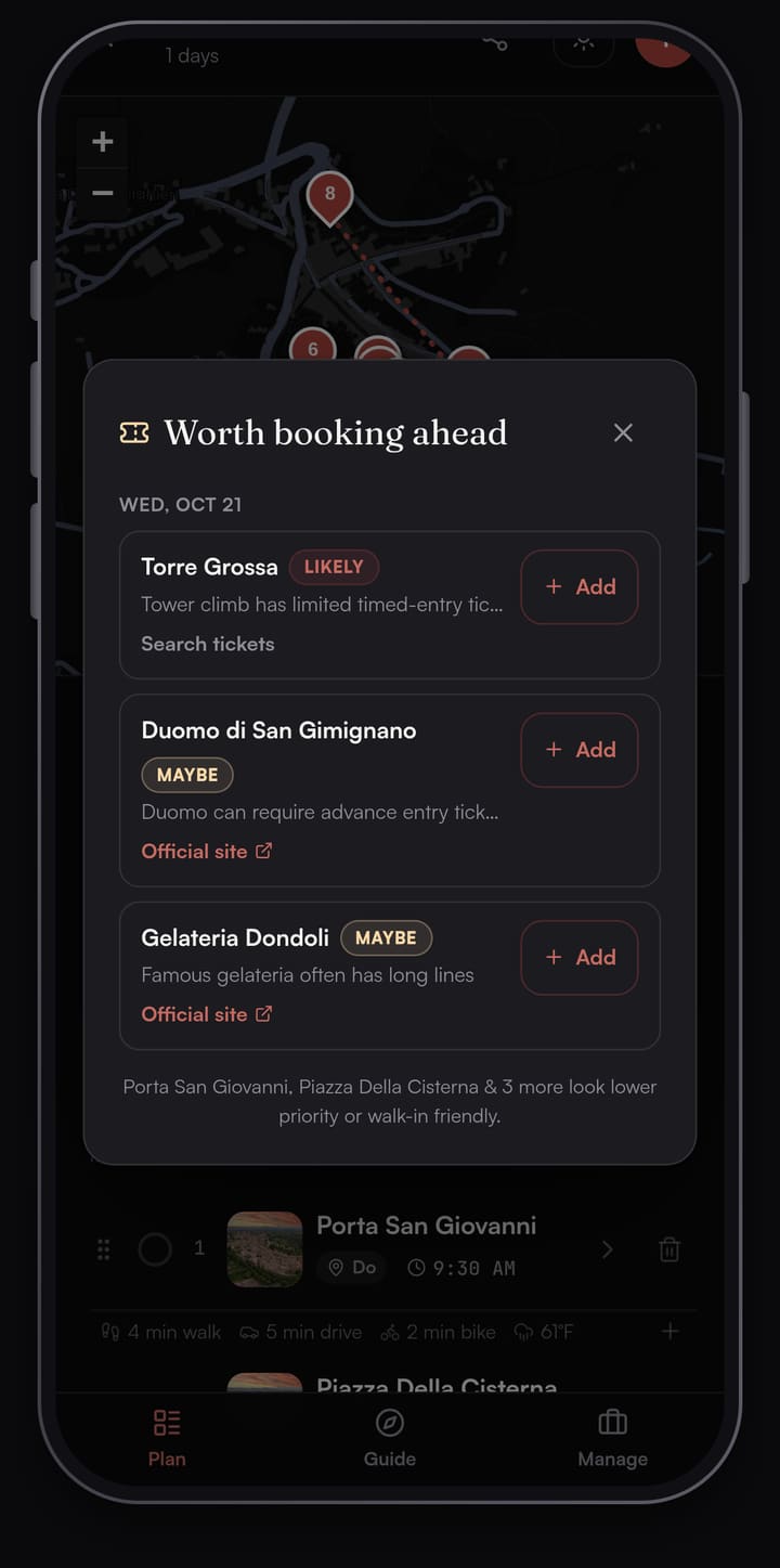 Passage AI Worth booking ahead sheet for Wednesday 21 October flagging Torre Grossa as likely and the Duomo di San Gimignano and Gelateria Dondoli as maybe