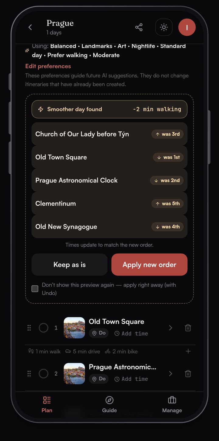 Passage AI Optimize preview showing a Prague order with 2 minutes less walking and was 3rd badges