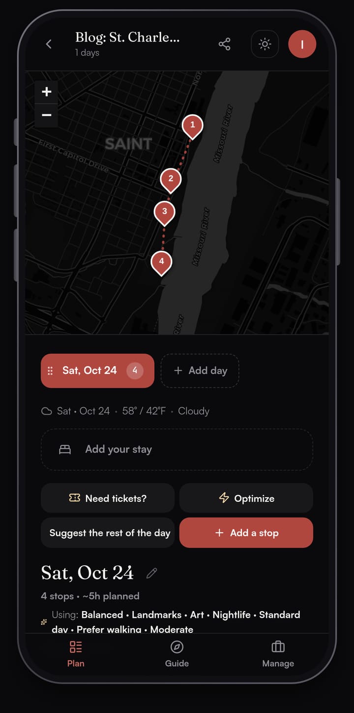 Passage AI day view for St. Charles, Missouri: a dark map with four numbered pins in a line along the west bank of the Missouri River, above the Need tickets?, Optimize and Add a stop buttons for Saturday, October 24
