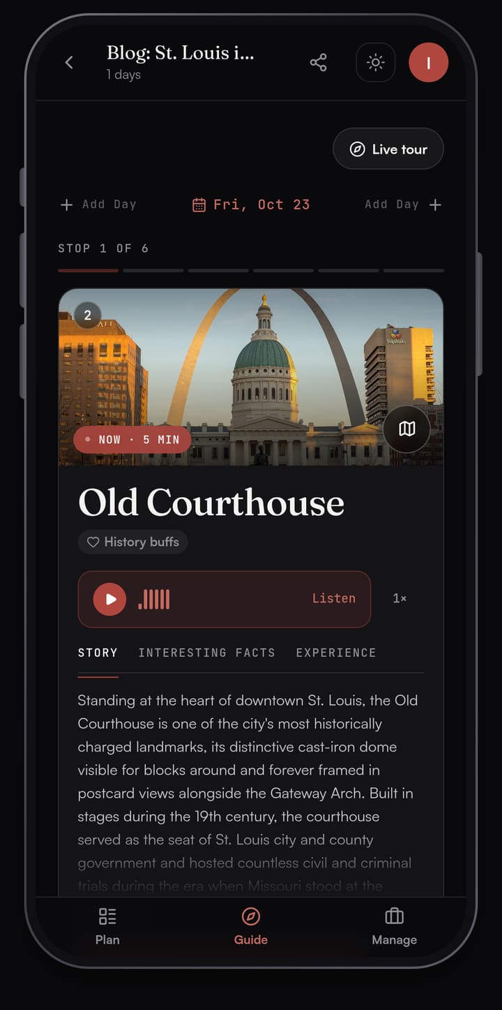Passage AI Guide card for the Old Courthouse in St. Louis: a photo of the green dome with the Gateway Arch behind it, a 'Now, 5 min' badge, a Listen button and the start of the story