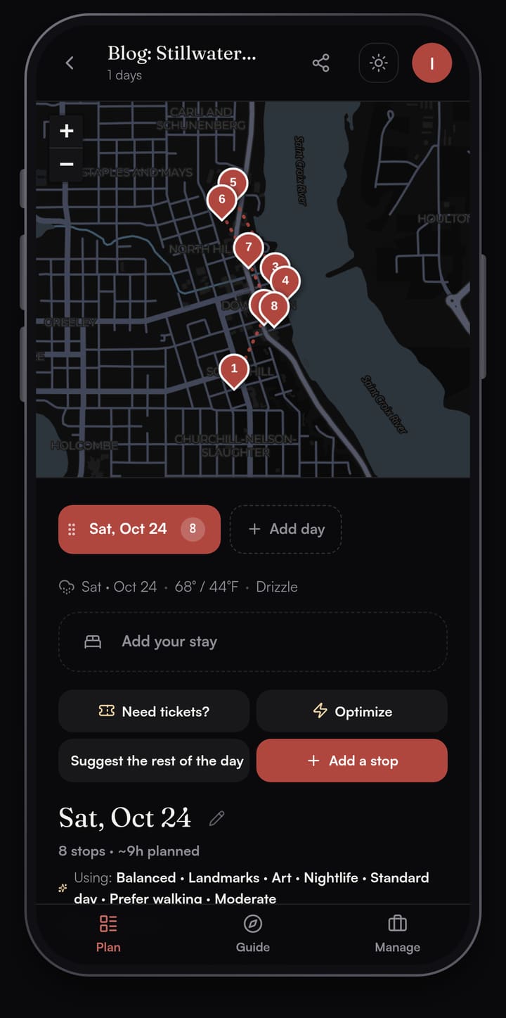 Passage AI day map for Stillwater, Minnesota, with numbered pins from the Historic Courthouse on the south hill along the St. Croix riverfront to the Warden's House on the north end of downtown